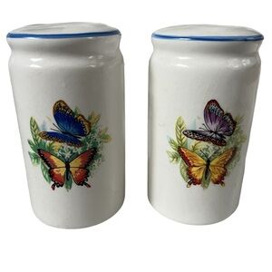 Butterflies Salt & Pepper Blue Trim Porcelain Shakers Vintage